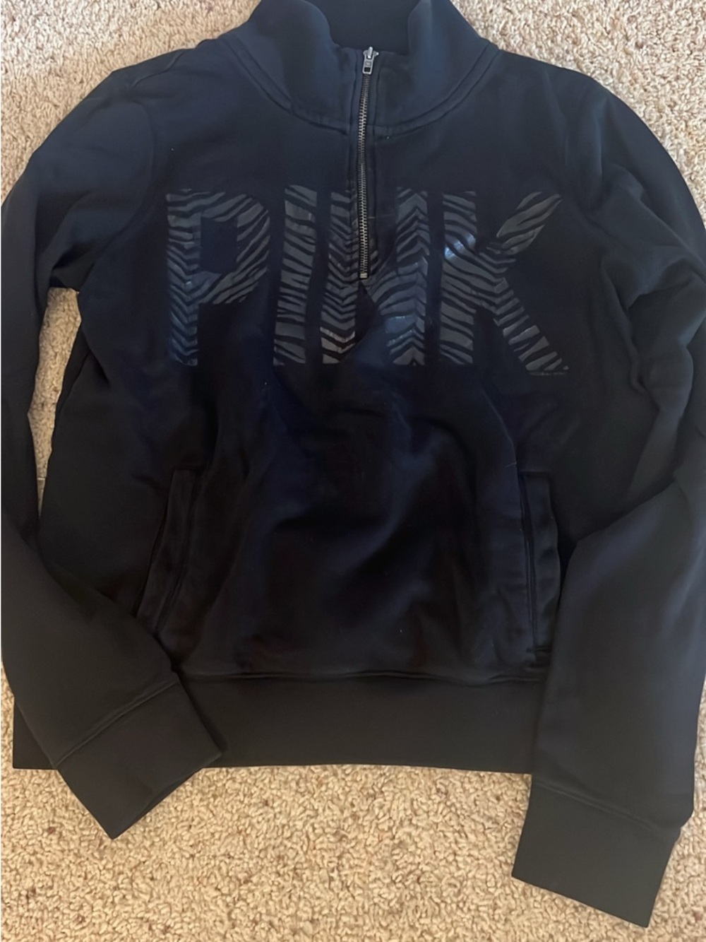 PINK Victoria's Secret Black Half-Zip Pullover with Subtle Zebra Logo